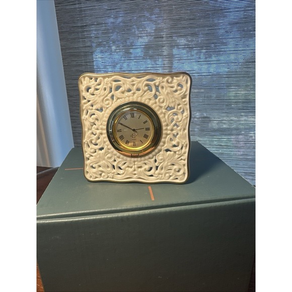 New Battery! Lenox Porcelain Clock Gold Trim Desk Accessory 3 1/4" By 3 1/4" - Picture 1 of 4